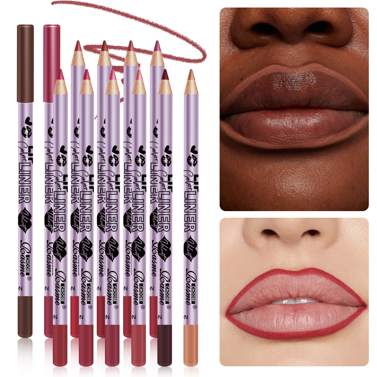 12 Colors Purple Lip Liner Set - Waterproof Matte Lip Pencils, Long Lasting Vegan Makeup Kit for Women