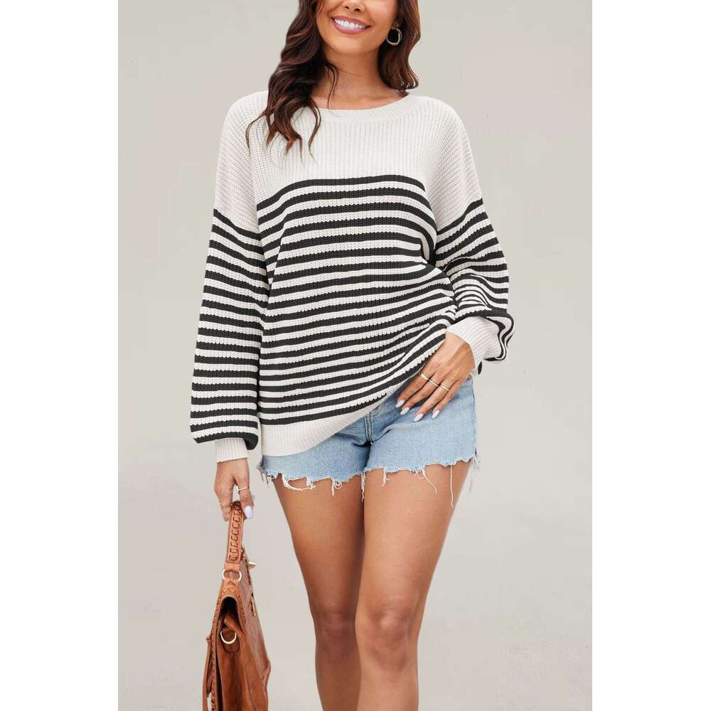 New Autumn Winter Temu Round Neck Striped Loose Plus Size Sweater Women's Knitted Top B5