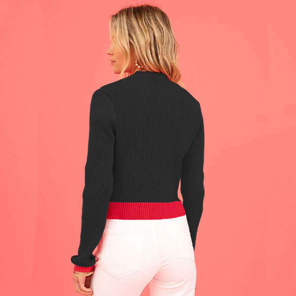 Women's Valentine's Day Autumn Winter High Neck Color Block Heart Peach Slim Sweater B5