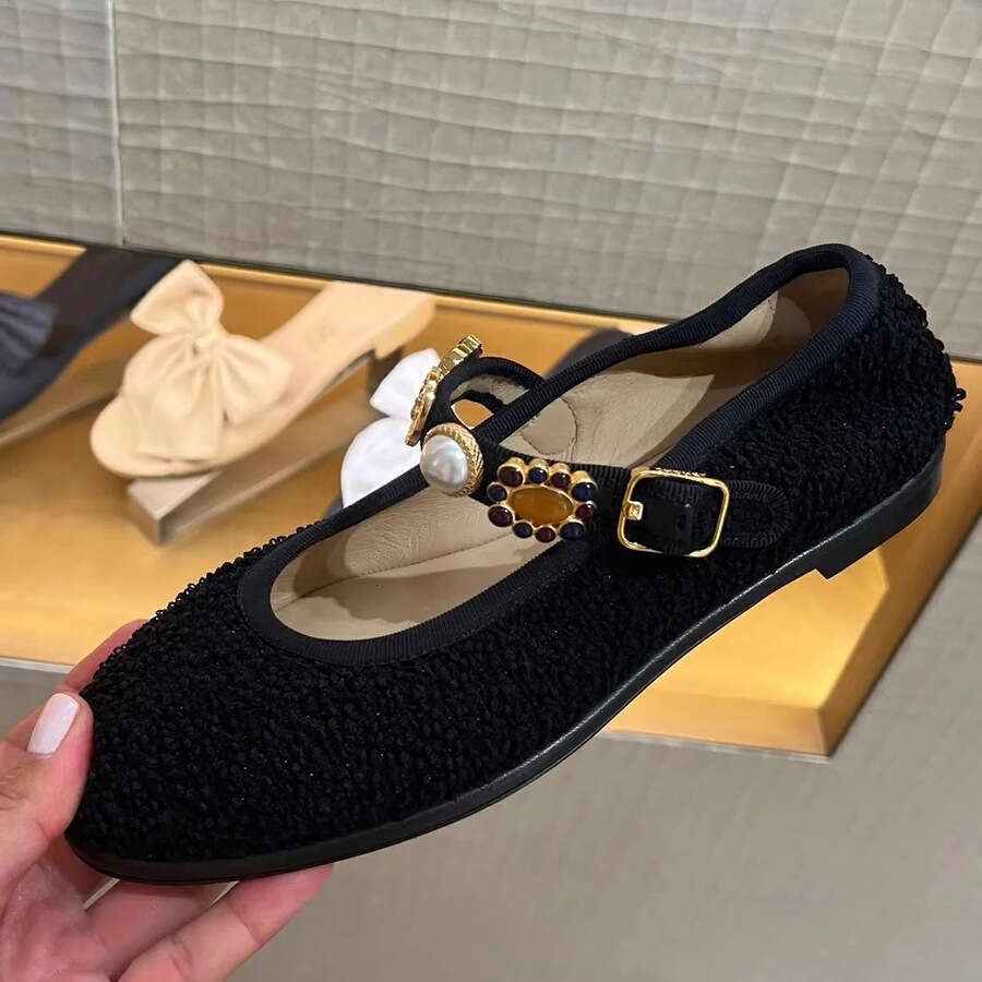 Sheepskin Version ~ Chanel Style Tweed Metal Buckle Mary Jane for Women, Shallow Mouth Single Shoes, One Strap Round Toe Flat Shoes