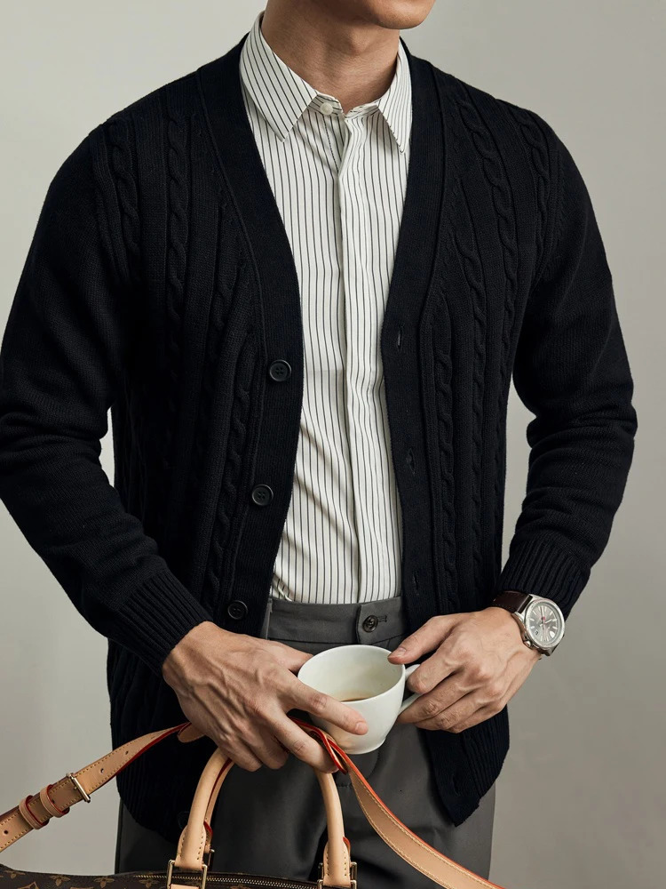 Mens Cable Knit Sweater Korean Autumn Winter Casual Cardigan VNeck Solid Color Outwear Coat Fashion Streetwear 250819