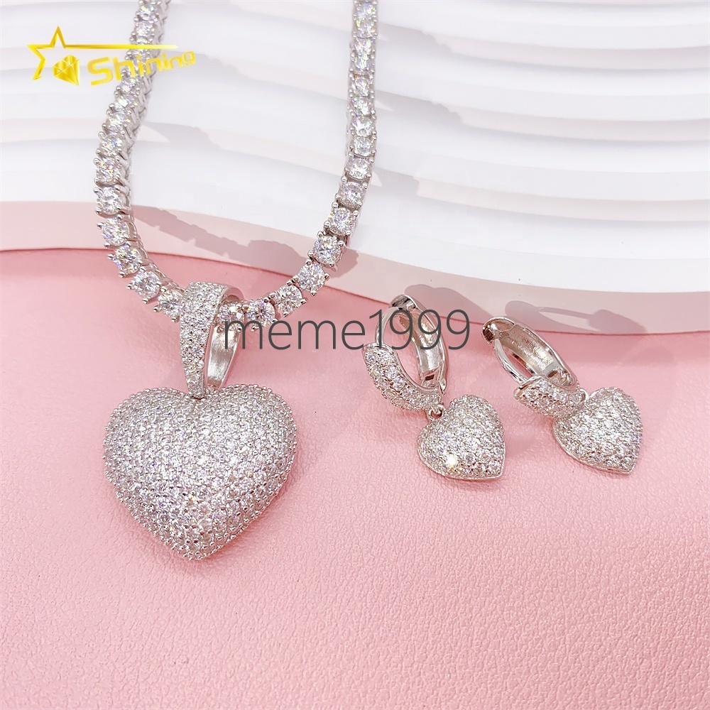 Cheap Price 925 Sterling Silver Fashion Jewelry Men Fully Iced Out VVS Diamond Moissanite Heart Pendant With Earrings