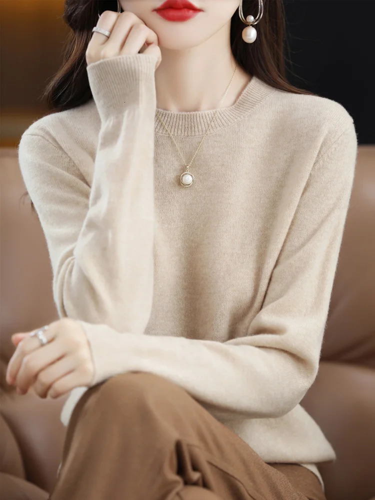 Fashion 100% Merino Wool Sweater Elegant Cashmere Pullover Women ONeck Long Sleeve Knitwear Basic Clothing Jumper Tops 250818