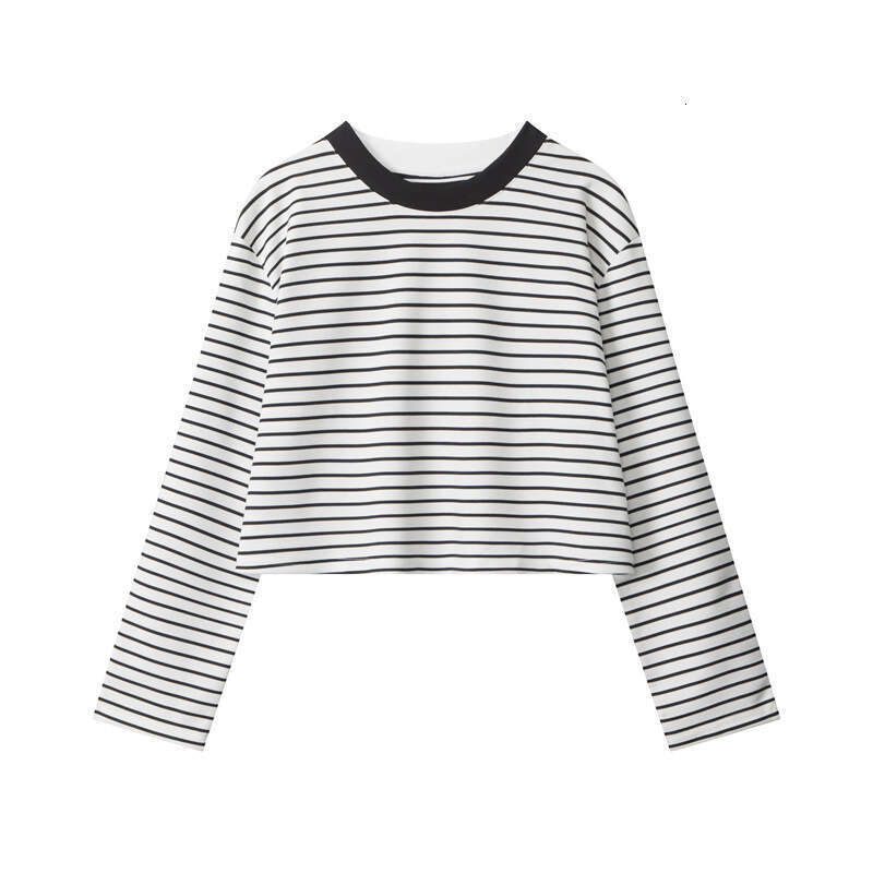 Autumn Black And White Striped Short Hot Girl Top Slim Fit Long Sleeve T-Shirt Women's Base Shirt B5