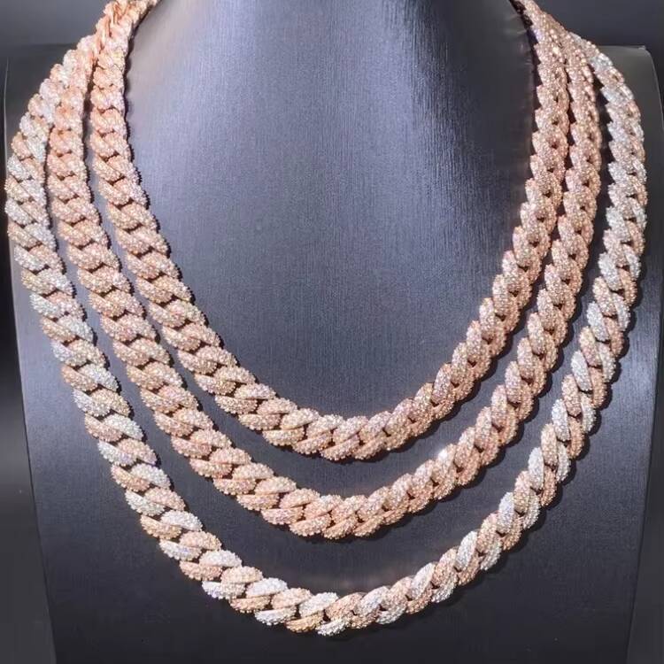 13mm Wide White/Yellow/Rose Gold Plated S925 Silver Gold Plated VVS Moissanite Diamond Cuban Link Chain for Mens Hip Hop