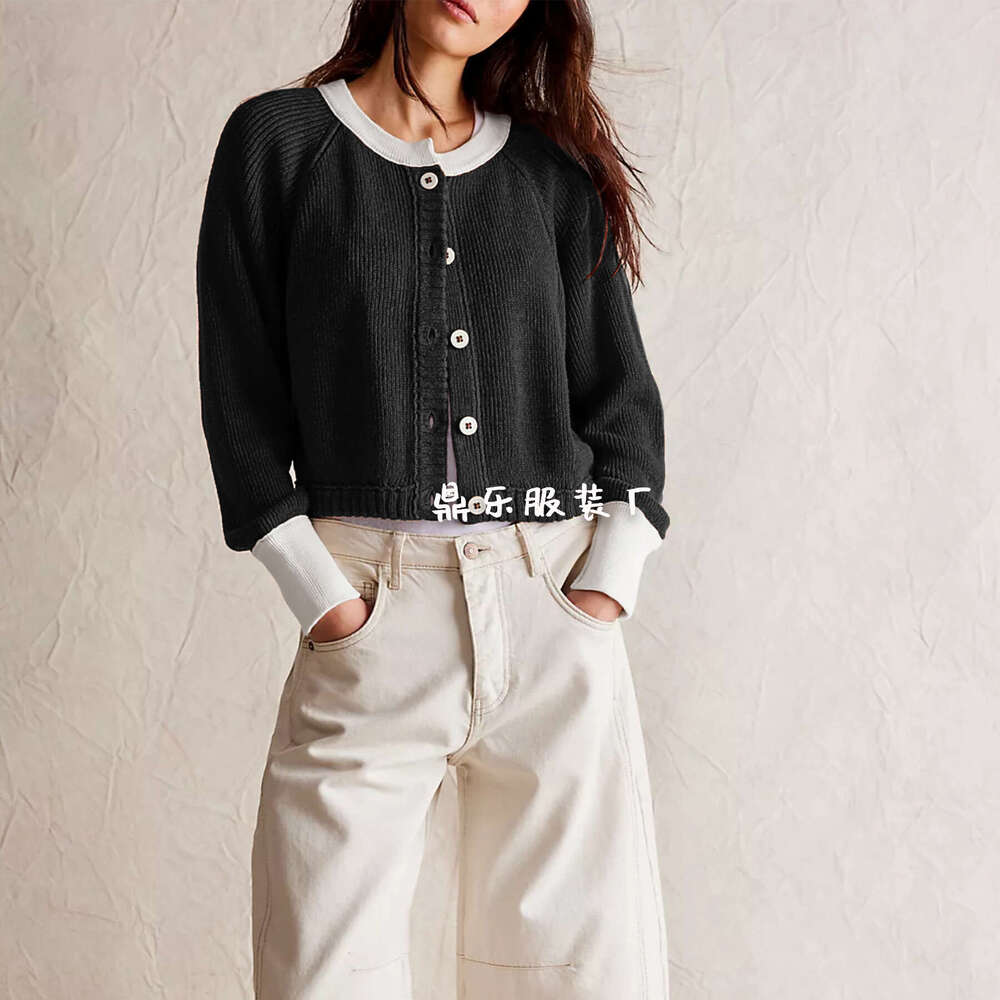 Autumn Winter New Temu Women's Color-Block Round Neck Cardigan Knitwear Single-Breasted Jacket B5