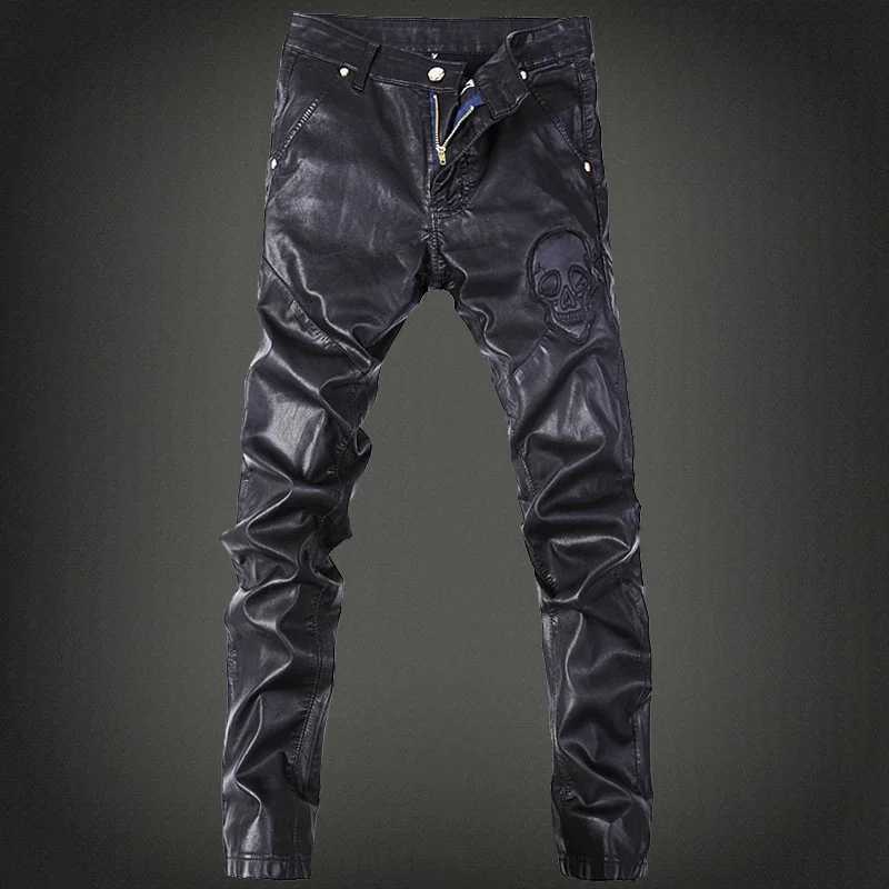 YASUGUOJI New 2025 Outdoors Pu Leather Pants Men Brand Fashion Skull Tag Patchwork Mens Skinny Motorcycle Leather Jeans W250819