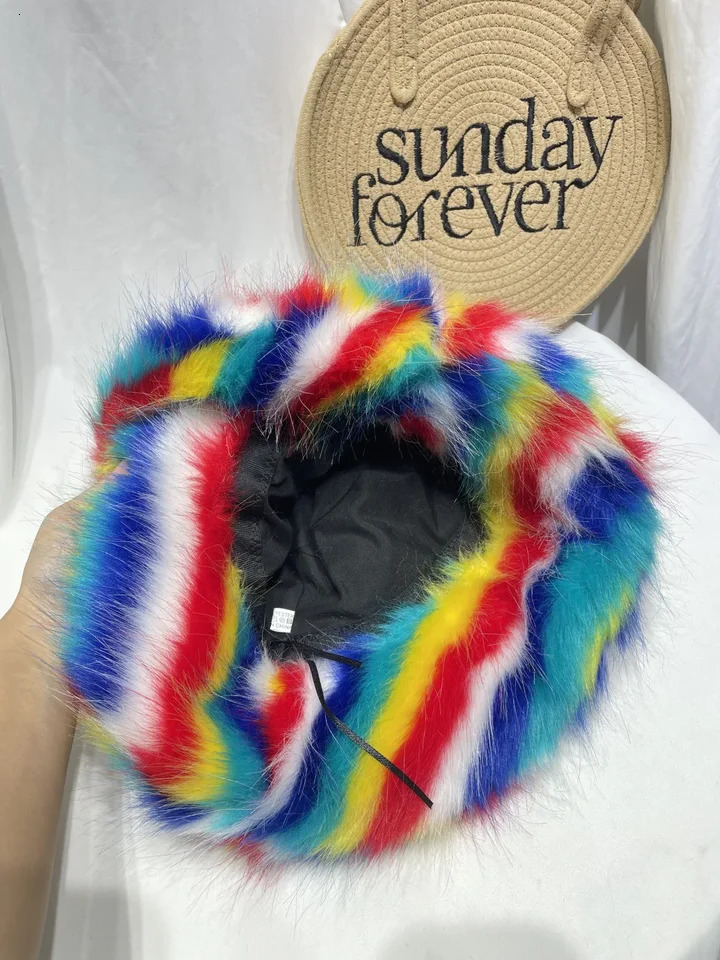 Korean Version Autumn And Winter Faux Fur Fisherman Hat Womens Rainbow Color Blocked Plush Warm Basin Hat 250819