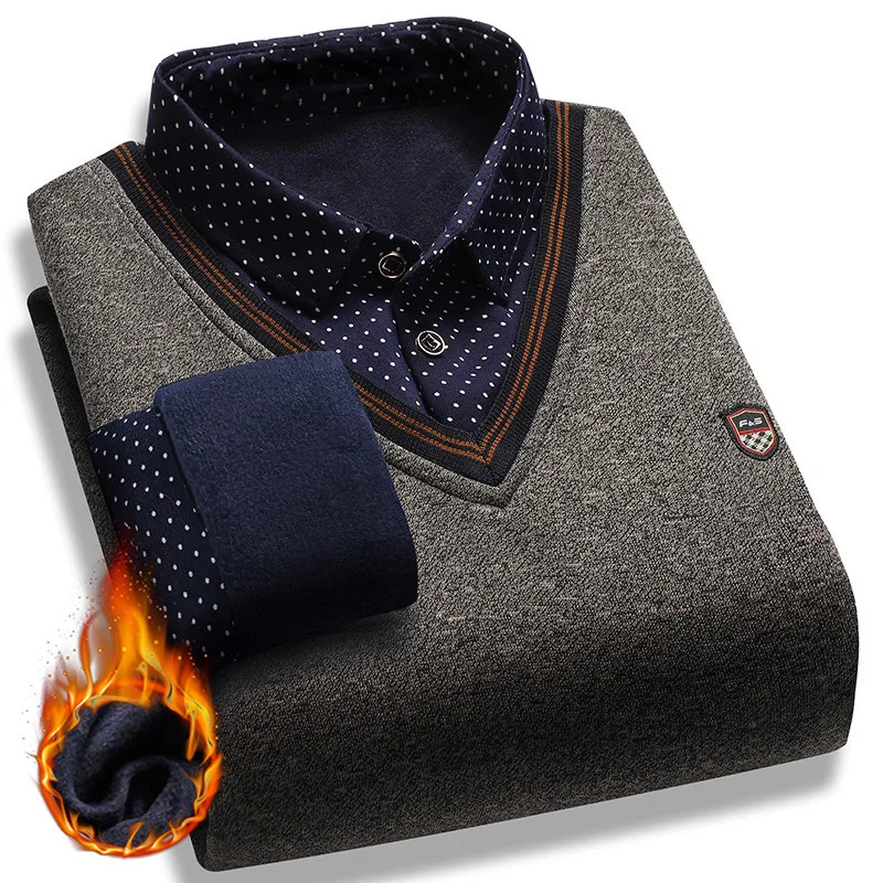 Mens Plush Sweater Autumn Winter Two Piece Pullover Polo Shirt Collar Fleece Thick Warm Top Clothes Casual Jumpers 250819