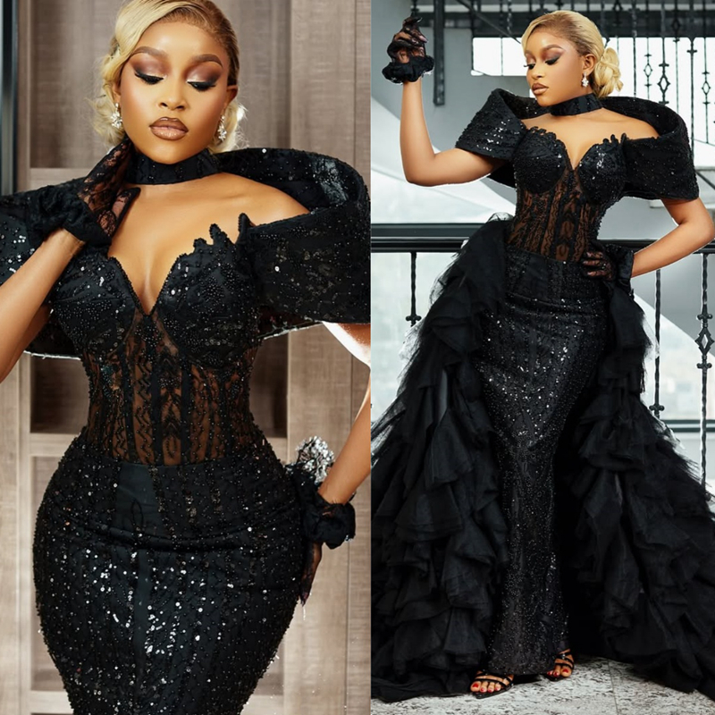 Black Aso Ebi Mermaid Prom Dress 2025 Evening Dresses Robe De Sorrie Detachable Train Off Shoulder Beaded Lace Tiers Birthday Dress Second Reception G