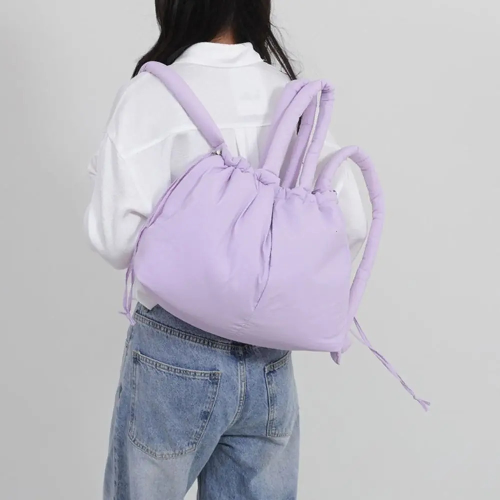 Solid Color Drawstring Tote Bag Quilted Knotted Strap Nylon Padded Tote Bag Dual-purpose Large Capacity Puffer Backpack Ladies 250814