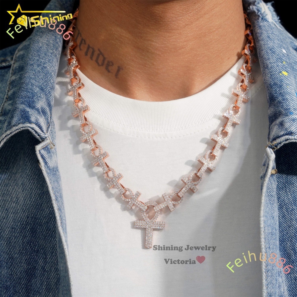 Hip Hop Rock Style Rapper Fashion Jewelry Personalized Custom Ankh Necklace Iced Out Moissanite Cross Pendant Cuban Chain