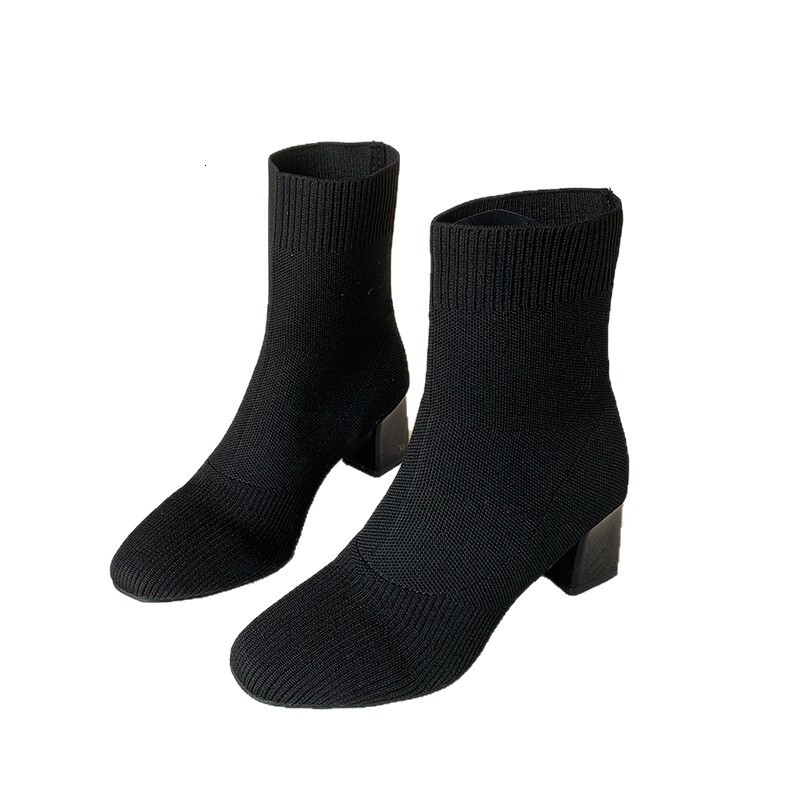 Women's Slim 2025 Autumn Winter New Pointed Toe Black Chunky High Heel Mid-Calf Sock Fly Knit Stretch Boots ddmymoon