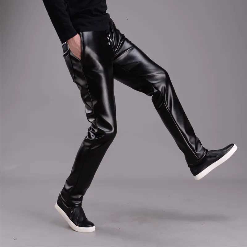 Mens Leather Pants Elastic High Waist Casual PU Leather Trousers Korean Fashion Skinny Pants Mens Motorcycle Pants Waterproof W250819