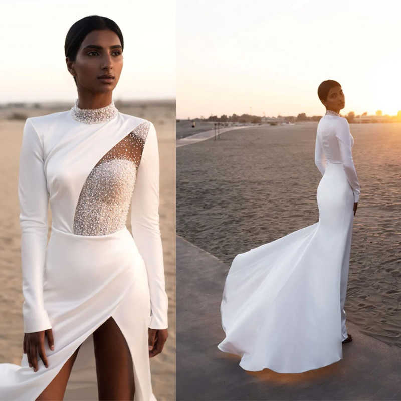 Elegant Mermaid Wedding Dresses O Neck Beaded Sequins Bride Dress Illusion High Splits Sweep Train Bridal Dress Customized