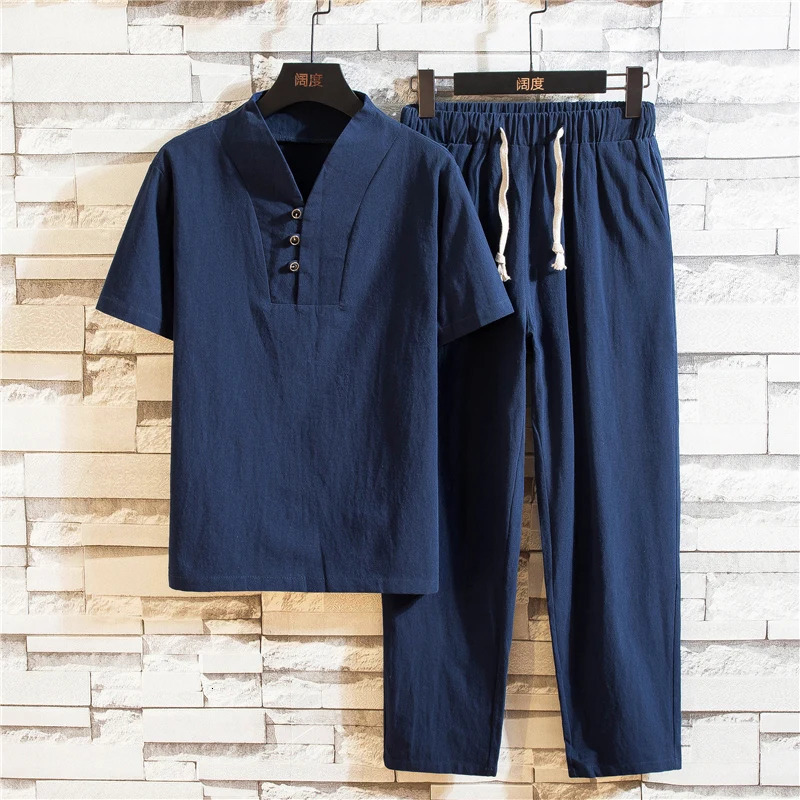 Shirt trousers 2025 summer men shirt Man Cotton and linen shirts Short sleeve mens casual shirts men A set of clothes M-5XL 250819