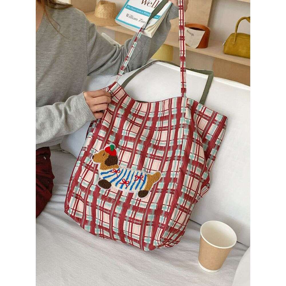 Small Dog Plaid Handbag 2025 Spring New Large Capacity Underarm Shoulder Casual Hundred Reversible Canvas Women's Bag