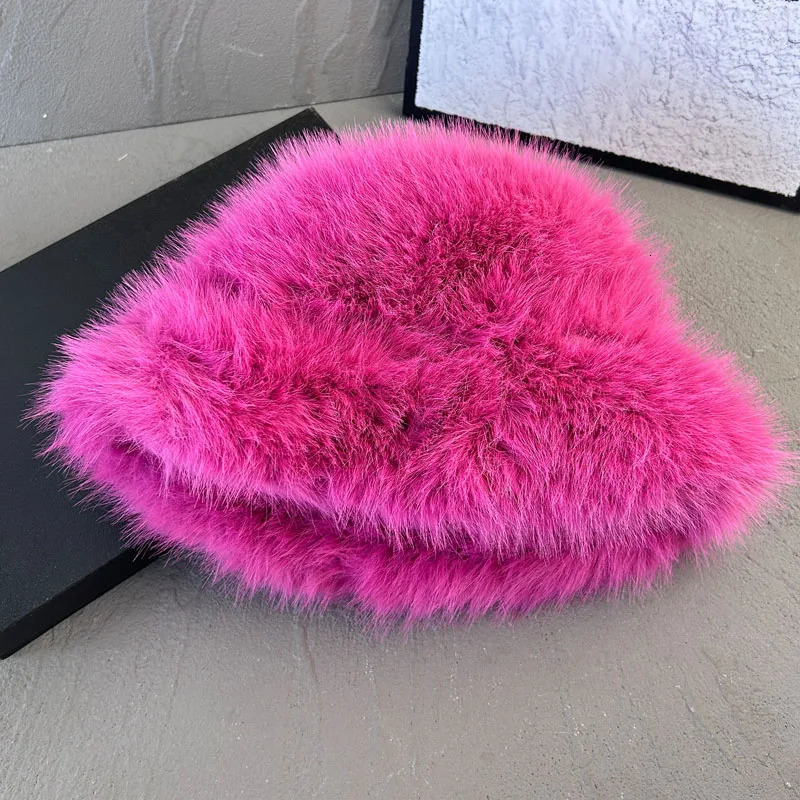 Fluffy Faux Fur Bucket Hat Rabbit Fur Warm Thick Plush Winter Hat Lady Fashion Panama Furry Fisherman Caps 250819