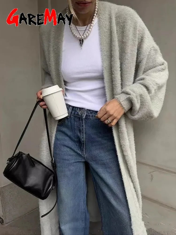 Oversize Long Cardigan for Women Autumn Sleeve Womens Sweater Vintage Solid Loose Knitted Female Fluffy 250819