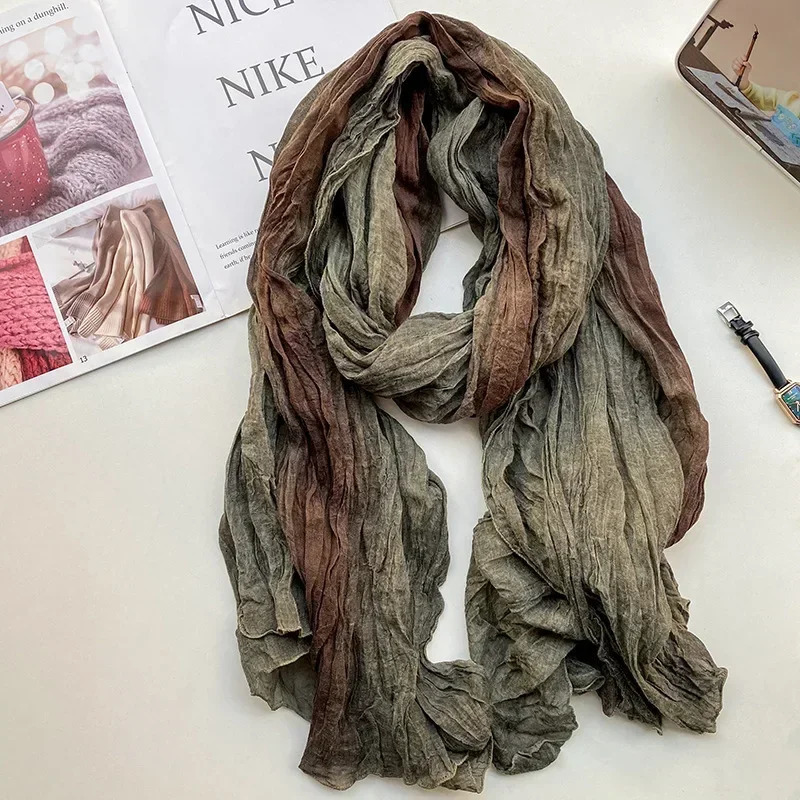 Retro Ethnic Style Cotton and Linen Scarf Womens Tie Dye Long Pleated Gradient Shawl Korean Artistic Fresh Fashion Trends 250818