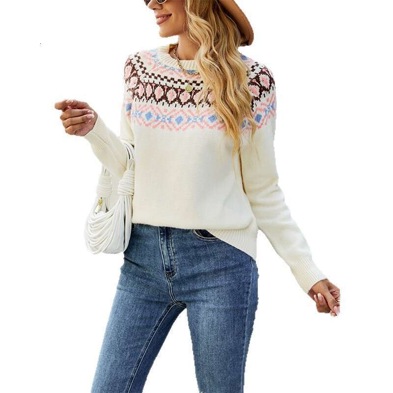 New Women's Knitted Autumn Winter Jacquard Round Neck Pullover Sweater B5