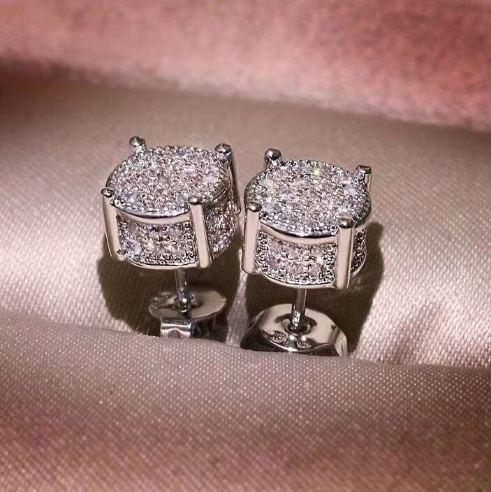 2025 new style Full Diamond Hip Hop Mens Stud Earrings Moissanite vvs Micro Inlaid Electroplated Round Silver Earrings