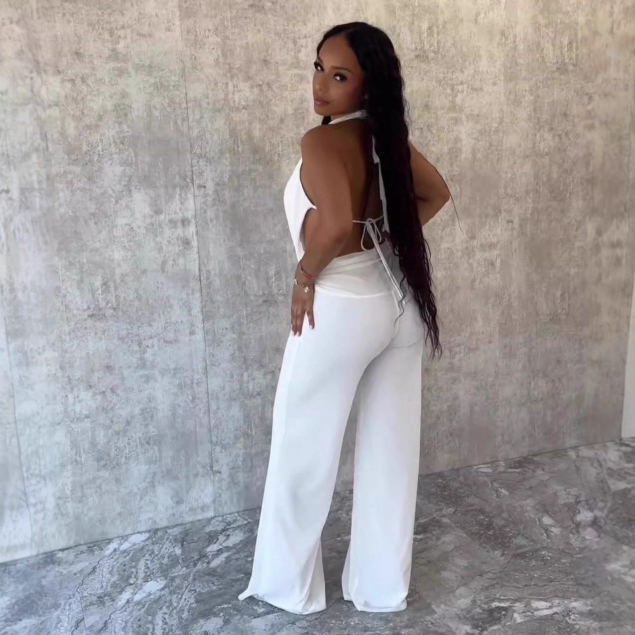 D9541 Womens Fashion Sexy Halter Neck Swing Collar Backless Tie Solid Color Mesh Two-Piece Set