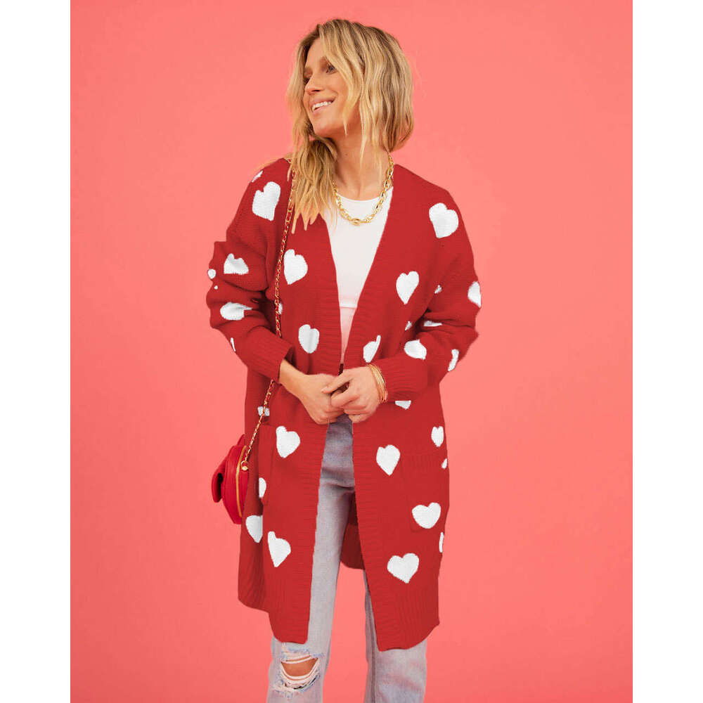 Women's New Valentine's Day Heart Pocket V-Neck Mid-Length Knitted Cardigan Jacket B5