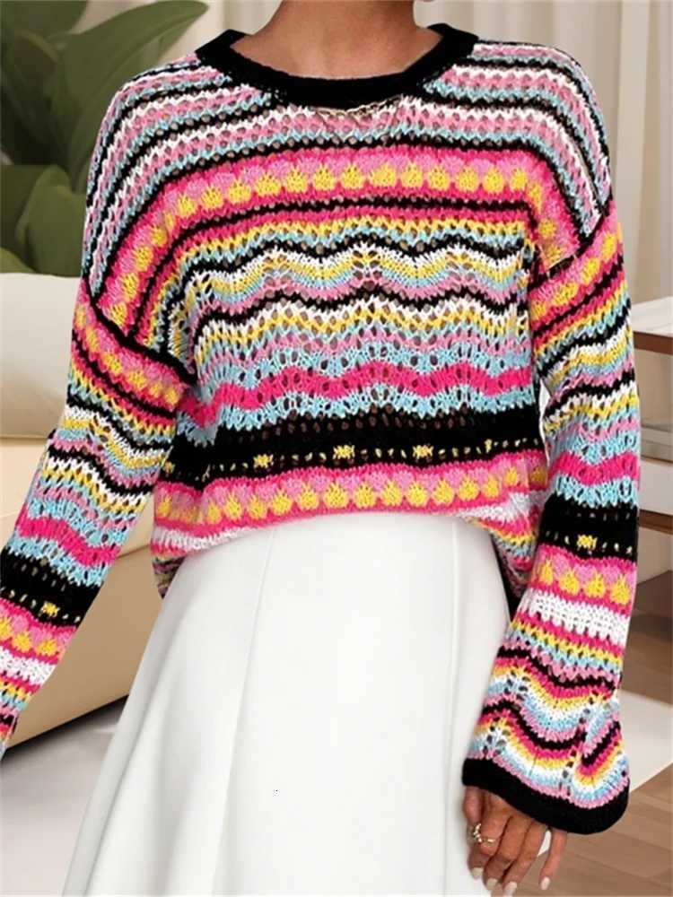 Women Sweater Colorful Hollow Out Crochet Knitted Tops Vintage Grunge Pullovers Y2K Knitwear Fe Jumpers Tops Cover Ups XJ250819