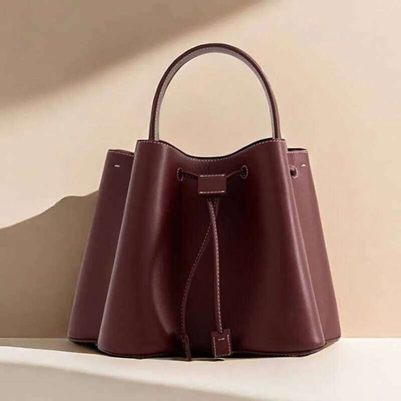 New Fashion And Elegant Turkish Pleated Drawstring Bucket Handbag Shoulder Messenger Bag Dark Brown Beautifully Decorated