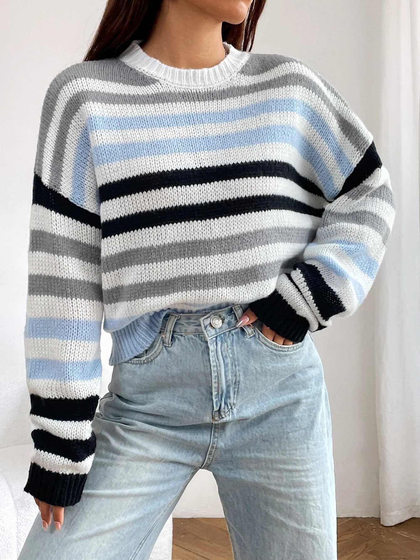 European and American fashion stripes matching color pullover autumn and winter womens sweater knitwear XJ250819