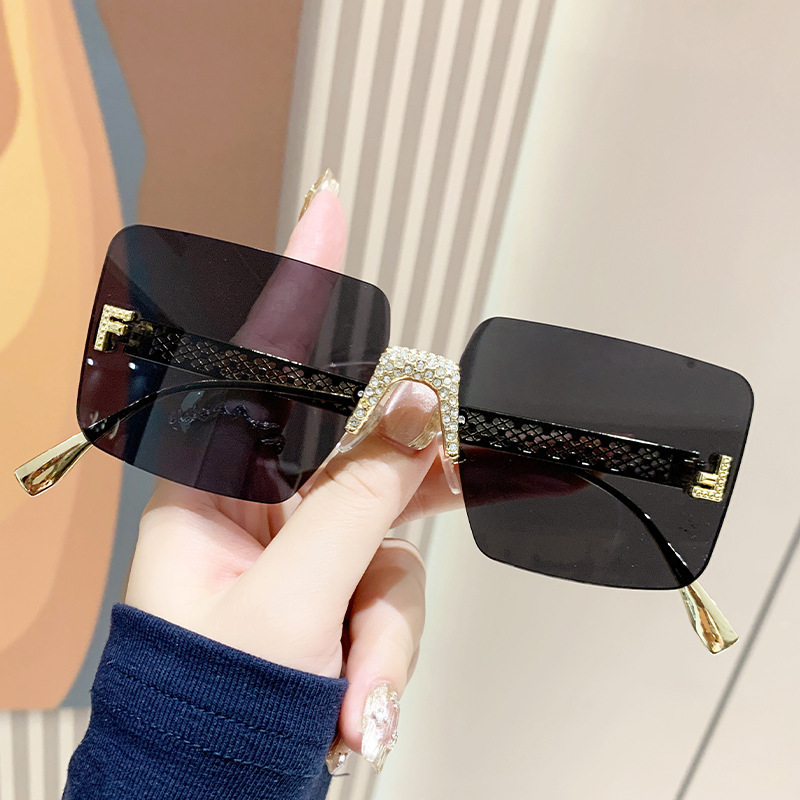 Letter F Diamond Frameless Square Sunglasses Retro Sunglasses Fashion Street Photo Metal Hollow Sun Glasses
