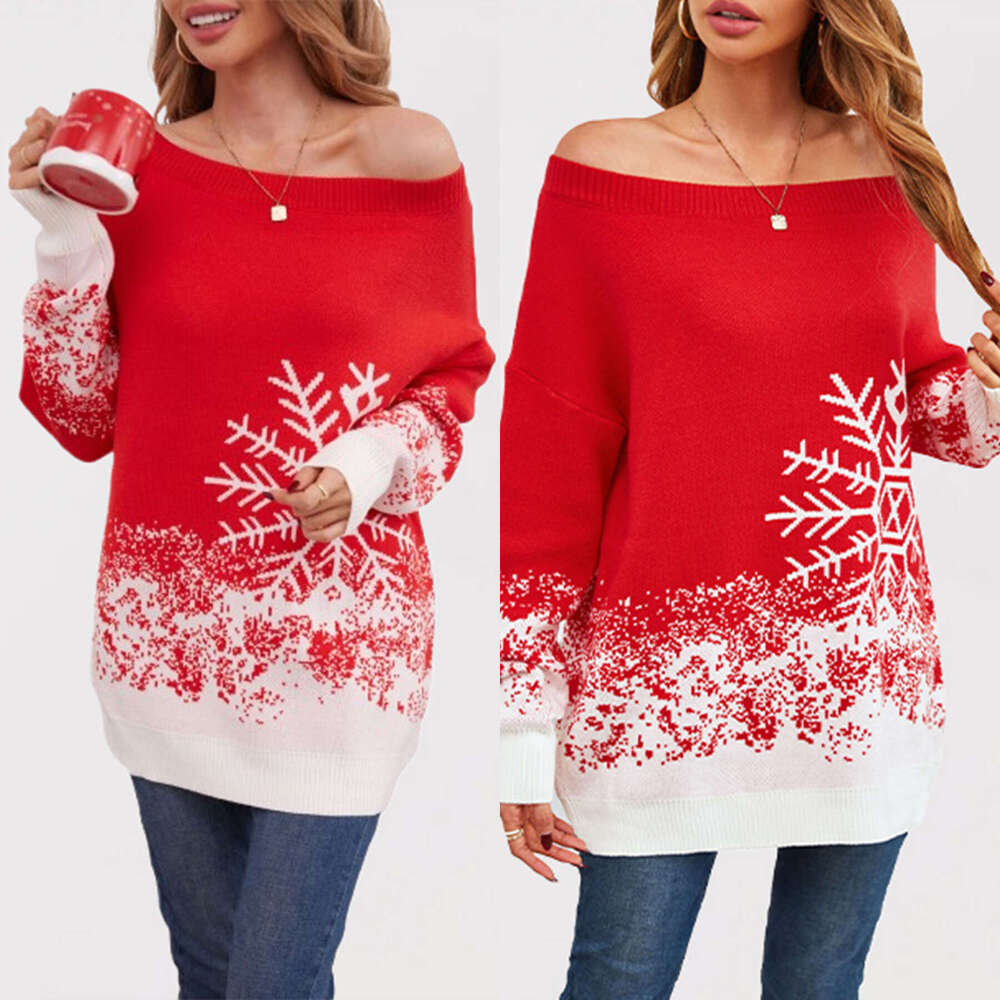 Autumn Winter Temu Women's Snowflake Christmas Color Block Off-Shoulder Sweater Plus Size B5