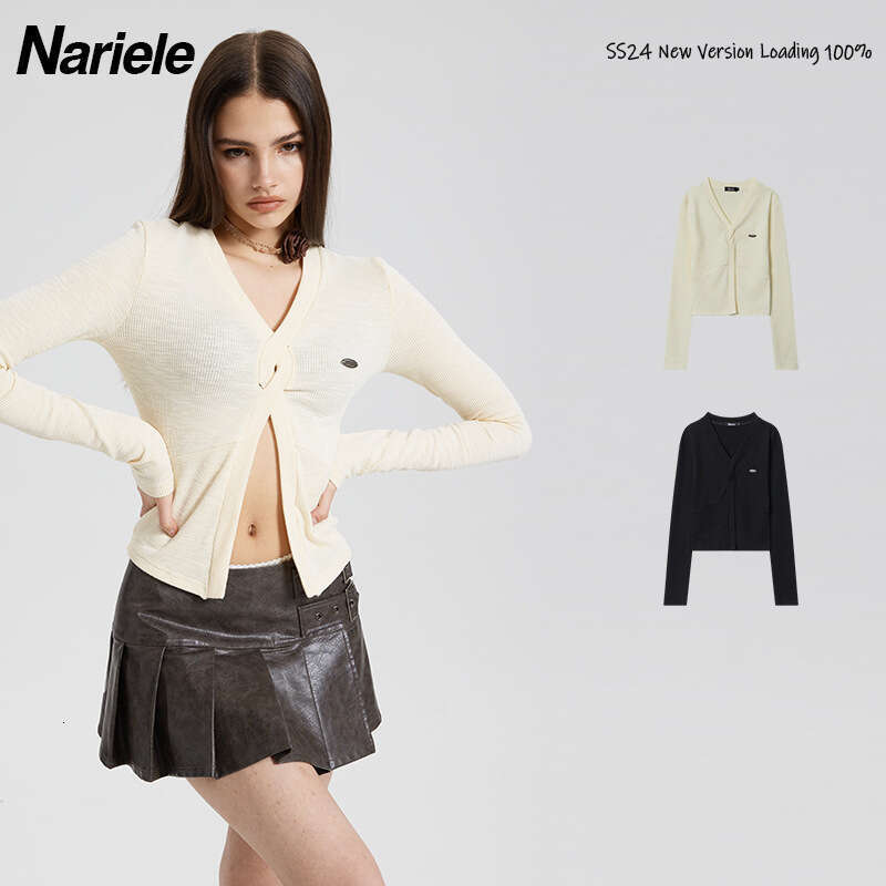 French Style High-End Vintage Small Iron Label Bamboo Cotton V-Neck Long Sleeve T-Shirt For Women With Unique Design And Solid Color B3