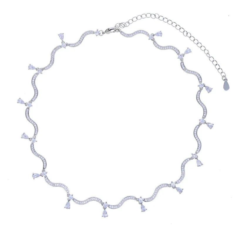 Fashion White Pink Tear Drop Cubic Zirconia Micro Pave CZ Paved Bling Wave Bar Heart Charm Choker Necklace Women Jewelry 250815