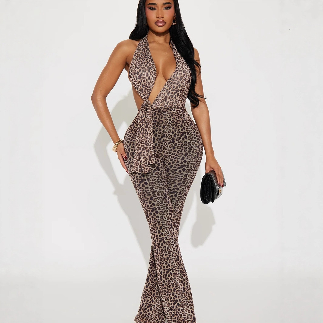 D9530 Womens Fashion Sexy Hot Girl Halter Leopard Print Backless Jumpsuit