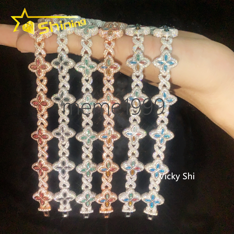 Hot Selling 15MM 925 Sterling Silver Cuban Clover Bracelets Iced Out Hip Hop Infinity Colored Moissanite Cuban Bracelet