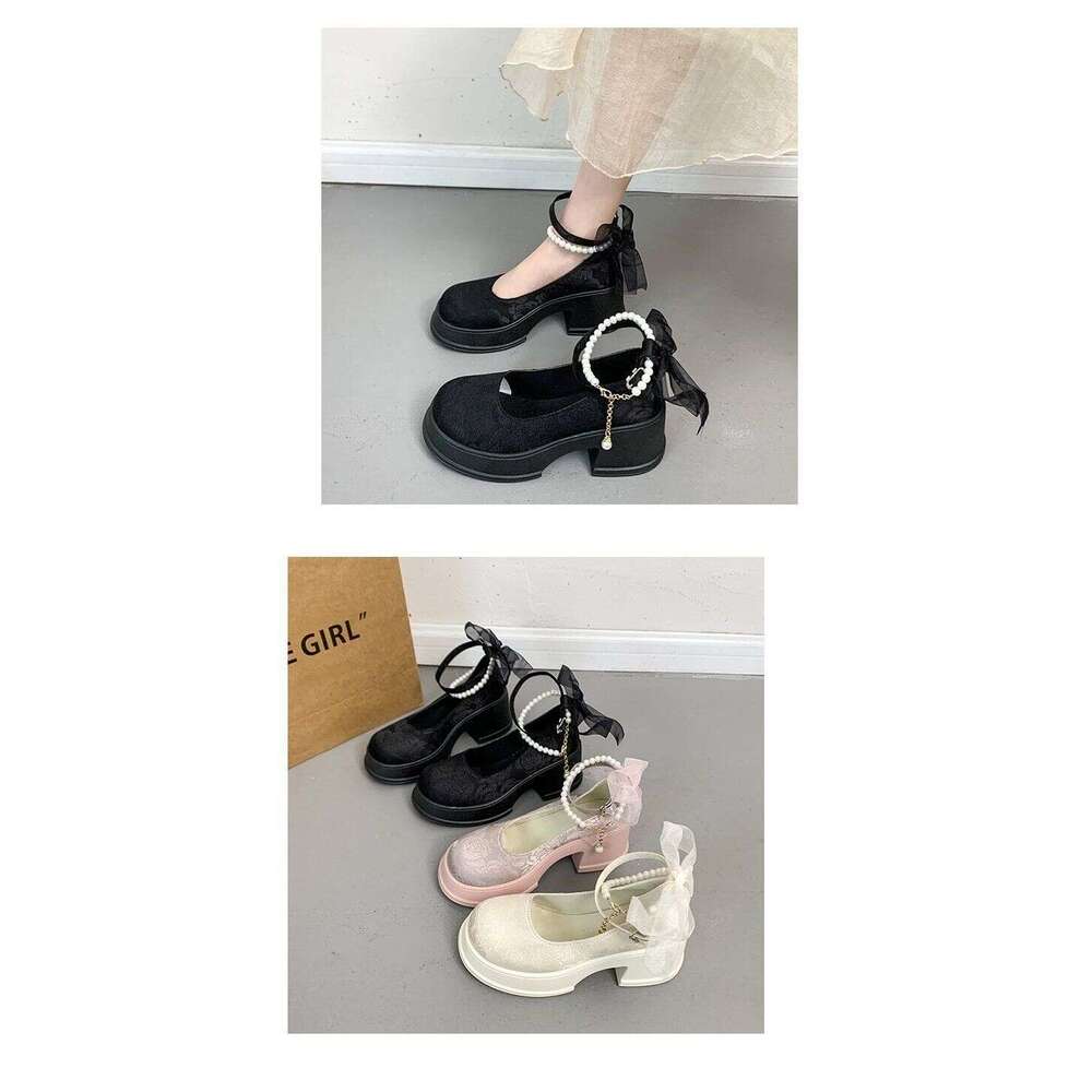 Chunky Heel Single for Women 2025 Spring New Pearl Bridesmaid Designer Shoes White High Heels Shoe Mary Jane Small Leather Comfortable