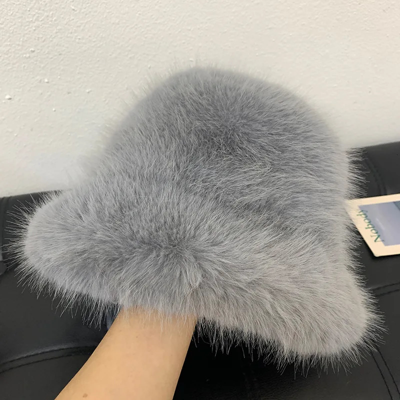 Fluffy Faux Fur Bucket Hat Rabbit Fur Warm Thick Plush Winter Hat Lady Fashion Panama Furry Fisherman Cap Y2k 250819