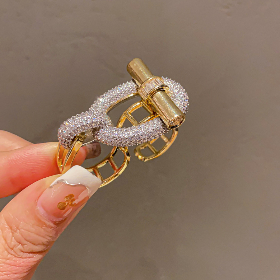 Gold Tone Lock - Chain Shaped Cuff Bracelet With Crystal Accents Elegant Daily And Special Occasions Gift For Her High Quality And Stylish Jewelry