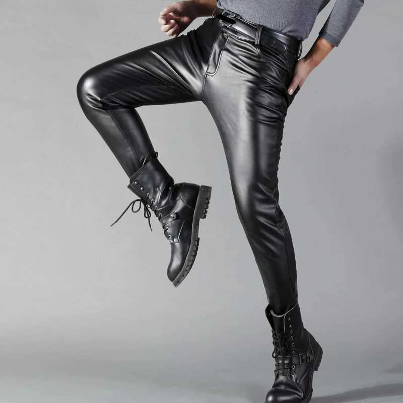 Men Leather Pants Skinny Fit Elastic Fashion PU Leather Trousers Motorcycle Pants Wet Look Stretch Faux Leather Streetwear W250819