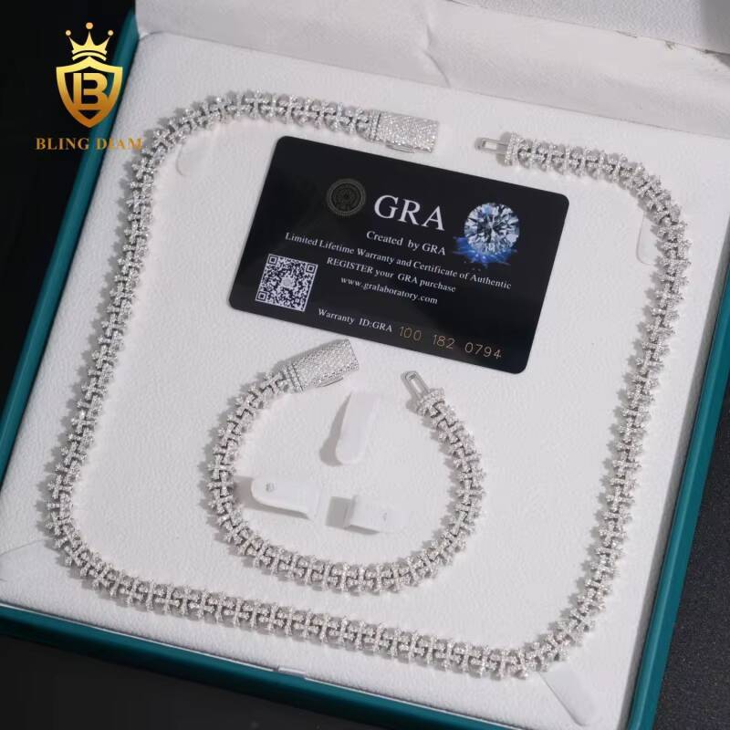 Fashion 8.5mm Cuban Moissanite Chain Pass Diamond Tester VVS Moissanite Cross Necklace 925 Sterling Silver Past Diamond Test GRA