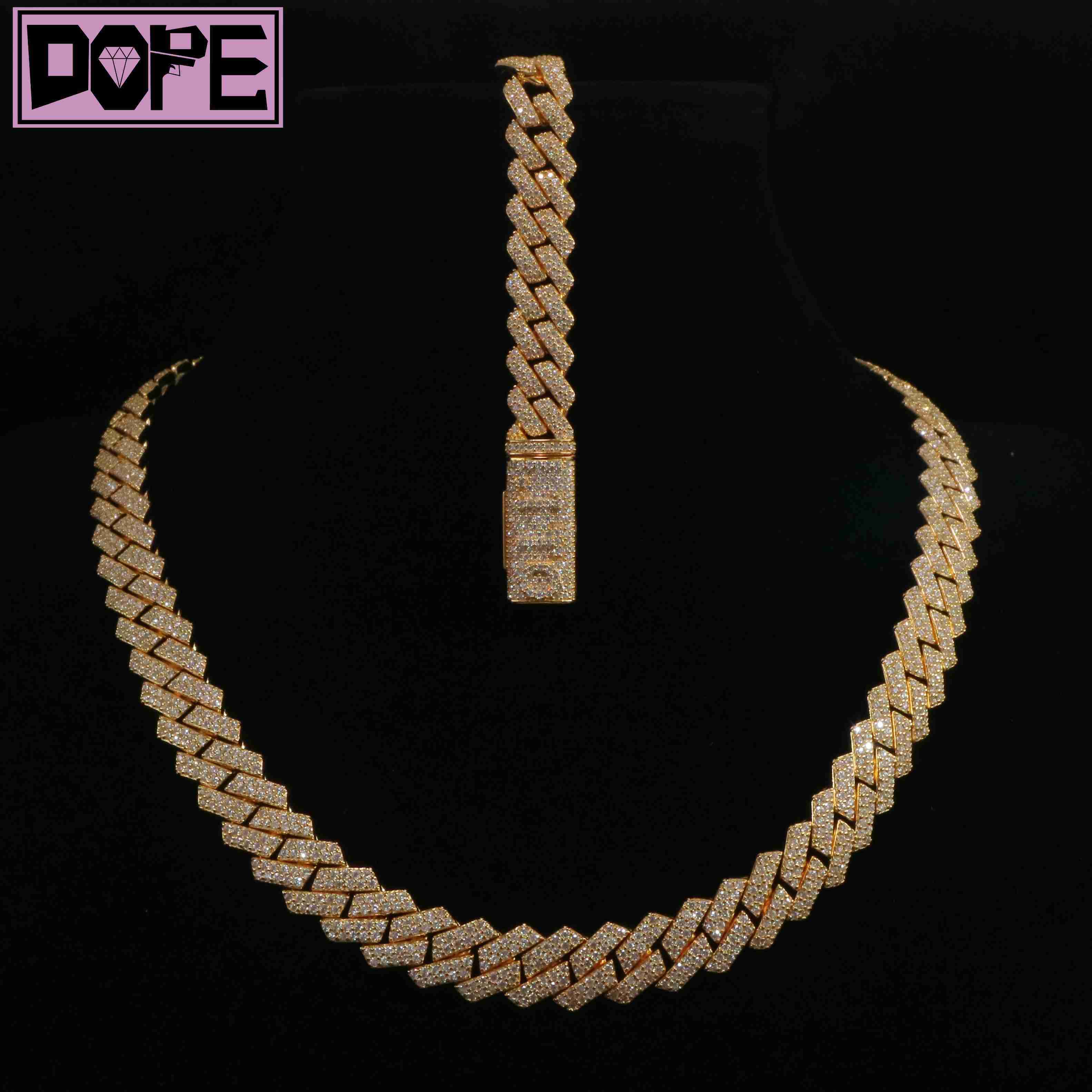 Stock 10mm Moissanite Chain 925 Sterling Silver Gold Plated VVS Iced Out Moissanite Cuban Chain