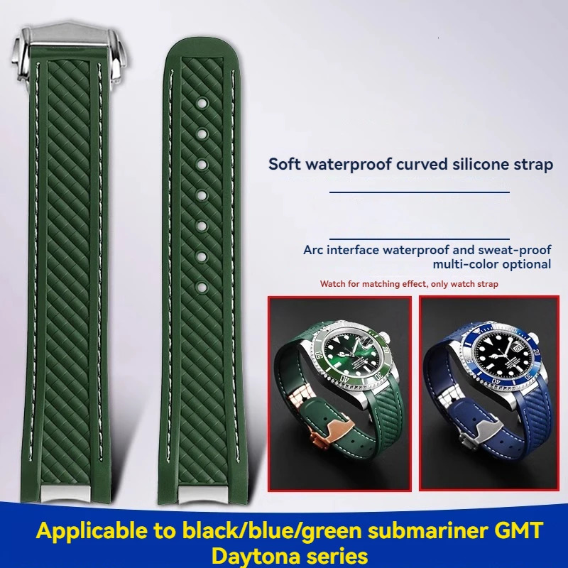 20mm Rubber Silicone Watch Strap Fit For 300 AT150 for Rolex black green water ghost watchband Folding buckle 250818