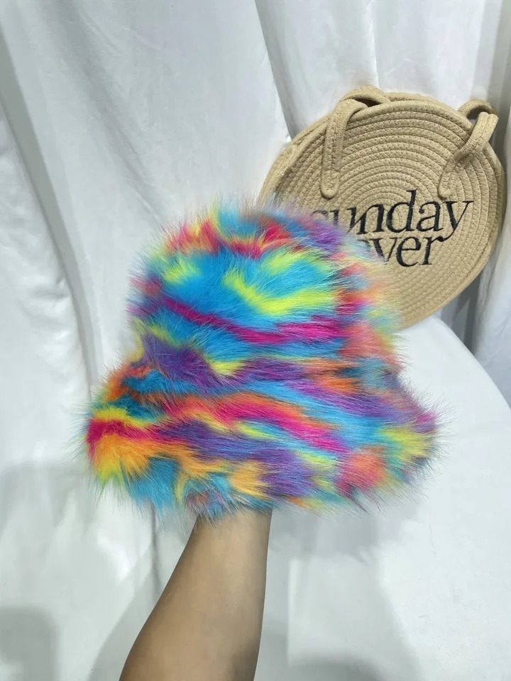 Korean Version Autumn And Winter Faux Fur Fisherman Hat Womens Rainbow Color Blocked Plush Warm Basin Hat 250819