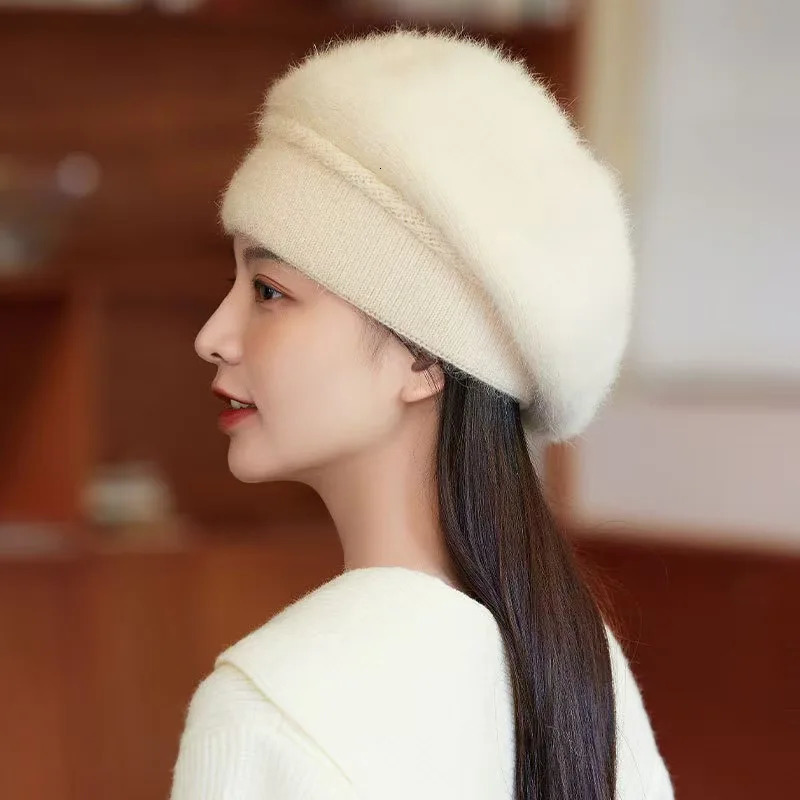 rabbit fur Beret Women Winter Angora Knit Hat Double Layers Warm Soft Accessory For Autumn winter Outdoors Sports Cold Weather 250819