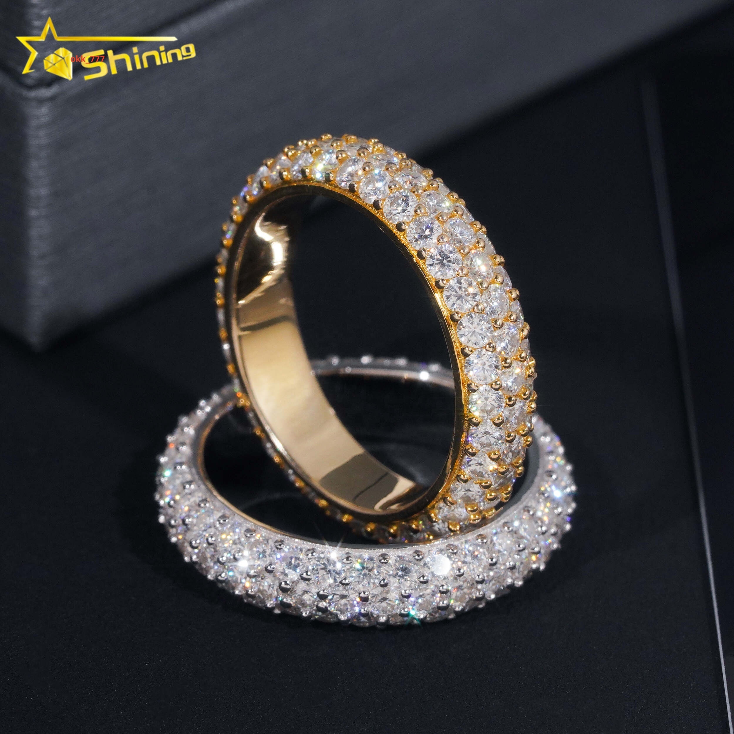 Factory Stock GRA Certified Solid 925 Sterling Silver Gold Plated Fine Jewelry Fully Iced Out 3 Rows Moissanite Band Ring