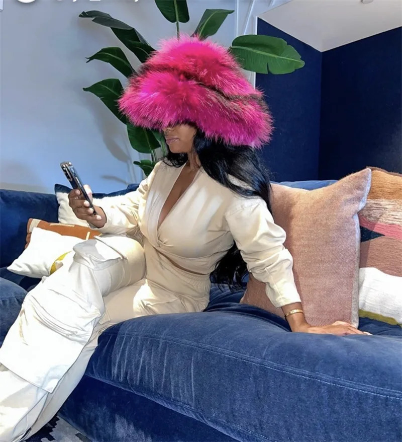 Pink Large Brim Womens Thickened Raccoon Fur Fisherman Hat Bucket Hat Hats For Women 250819