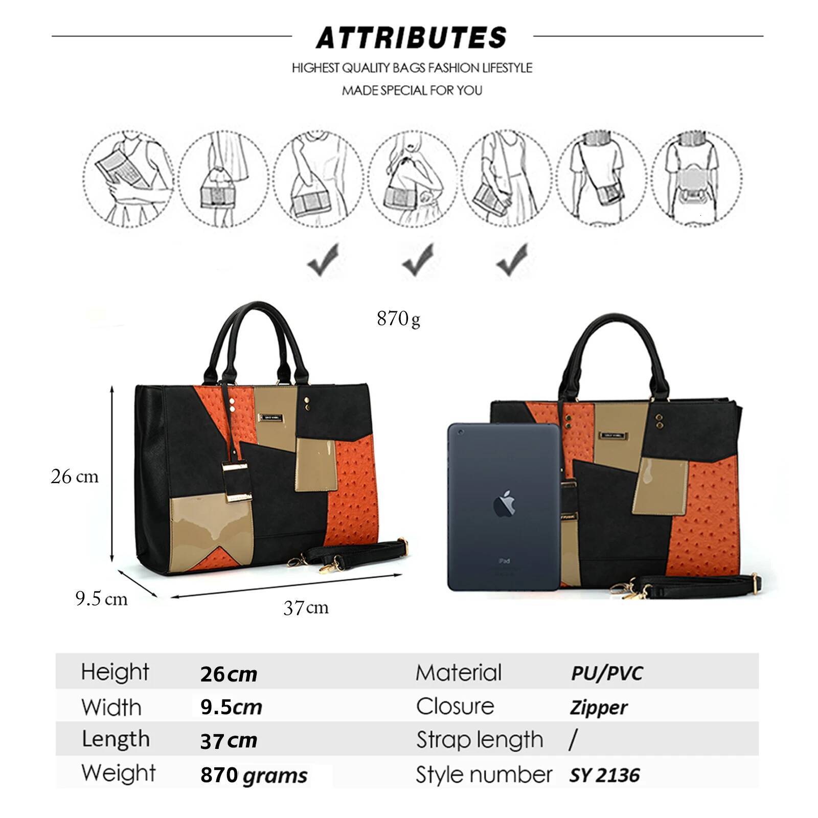 Large Ladies Handbags Single-Shoulder Crossbody Handheld Triple-Use Satchel Portable Leisure Bag