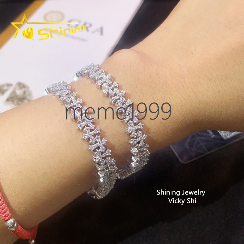 Fine Jewelry Hip Hop Iced 8mm Moissanite Cross Bracelet Pass Tester 925 Silver VVS Moissanite Diamond Cuban Link Chain